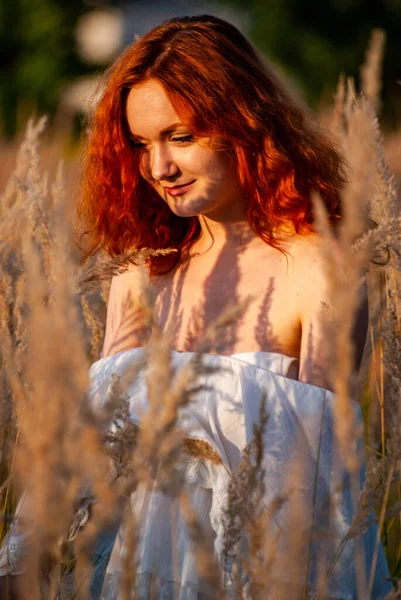 Ruiva Bela Mulher Posando Grama Prado — Fotografia de Stock