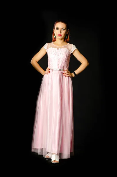 Beautiful Woman Pink Long Dress Posing Dark Studio Background — Stock Photo, Image