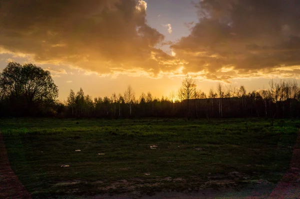 Grön Äng Solnedgången Himmel Med Moln — Stockfoto