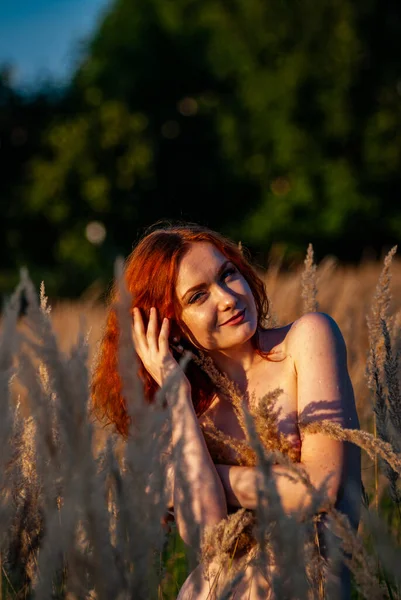 Ruiva Bela Mulher Posando Grama Prado — Fotografia de Stock