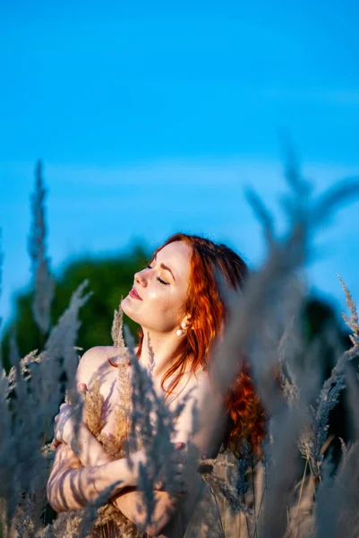 Red Haired Beautiful Woman Posing Grass Meadow — Stock Photo, Image