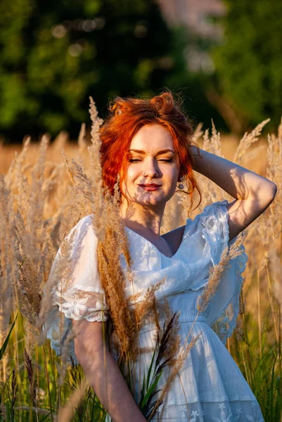 Wanita Cantik Berambut Merah Berpose Rumput Padang Rumput — Stok Foto