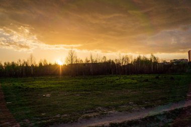 Günbatımı gökyüzünün altında bulutlu yeşil çayır