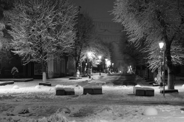 City Park ara sokakta gece kış manzarası.