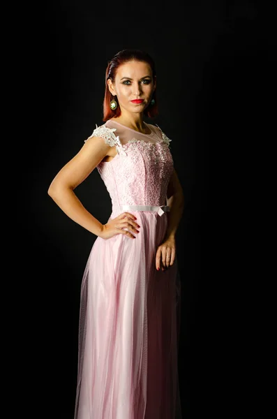 Beautiful Woman Pink Long Dress Posing Dark Studio Background — Stock Photo, Image