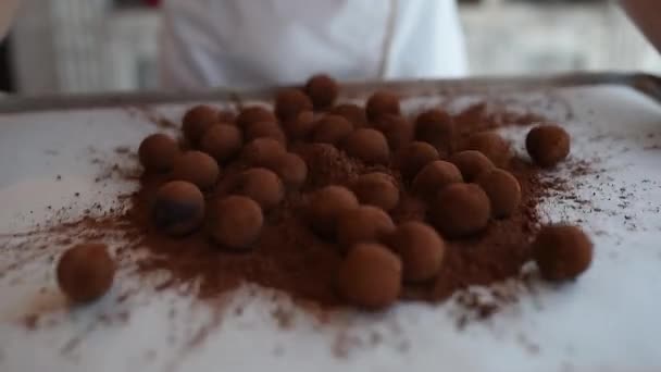 Truffles roll in cocoa powder — Stock Video