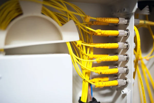 Fibra óptica com servidores em um data center de tecnologia — Fotografia de Stock
