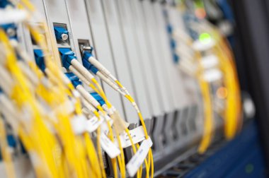 Bir teknoloji veri merkezinde sunucuları olan fiber optik