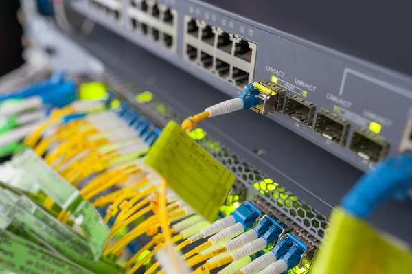 Bir teknoloji veri merkezinde sunucuları olan fiber optik