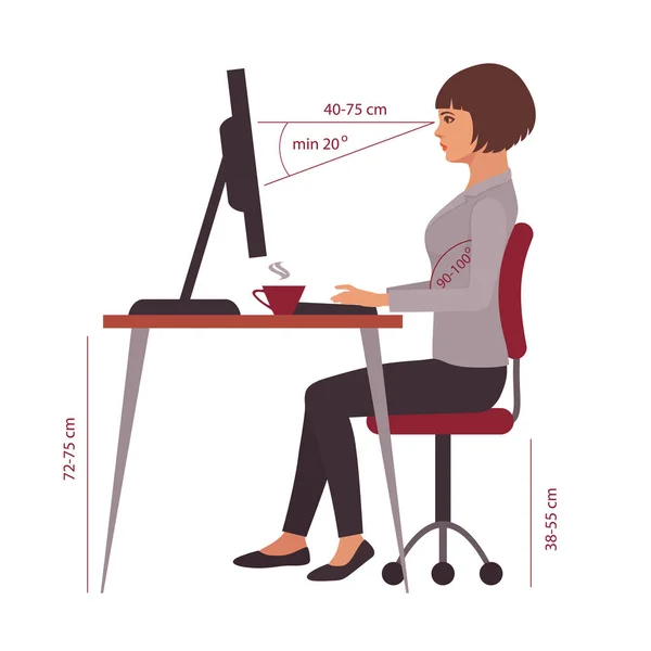 Correct sitting position, office desk posture — Stock Vector