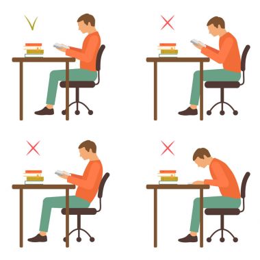 correct and incorrect sitting position, reading  clipart