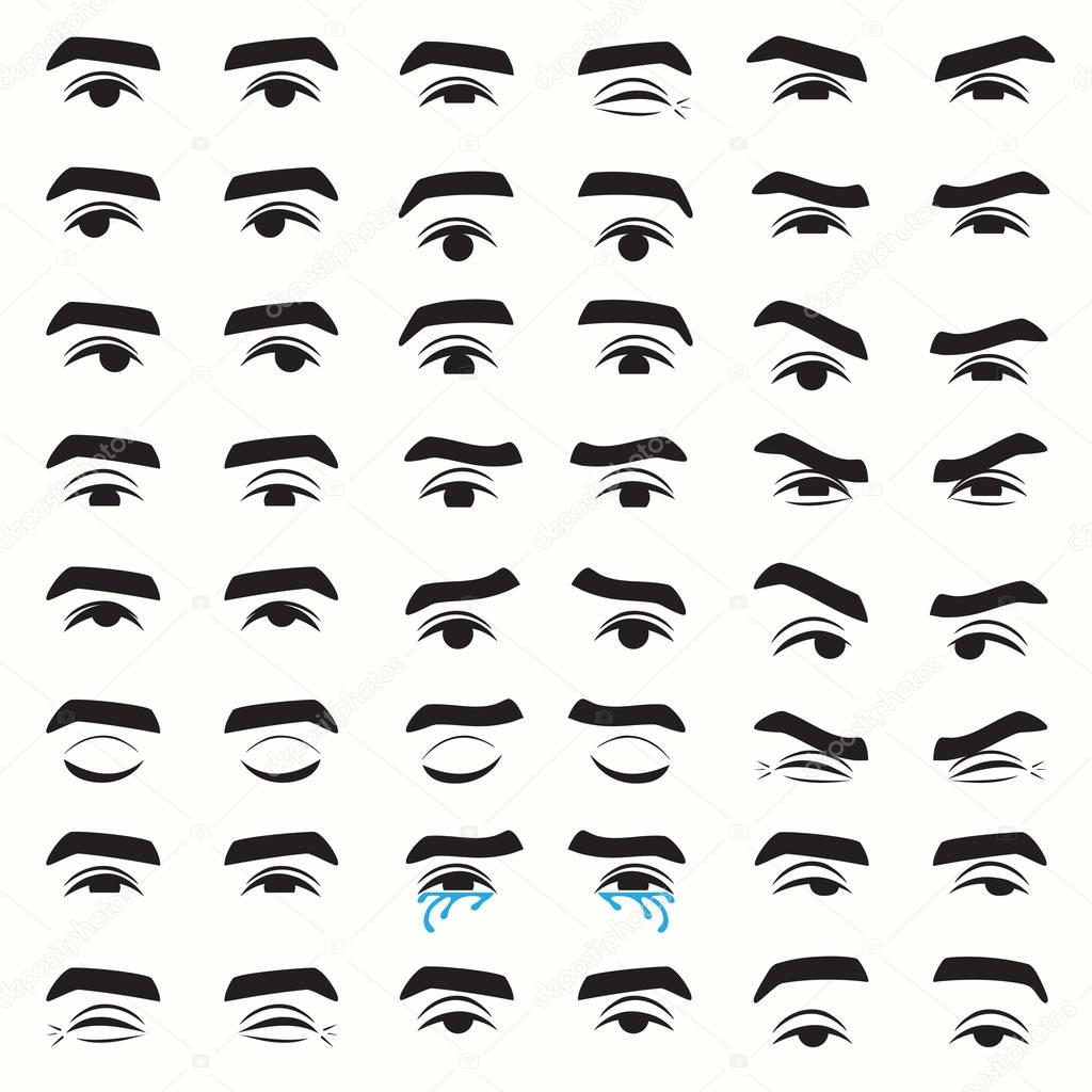 man eyes expressions, set of eyes emotion,  vector  illustration of character feelings