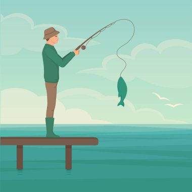 Vektör çizim karikatür balıkçı, olta adam cath balık 