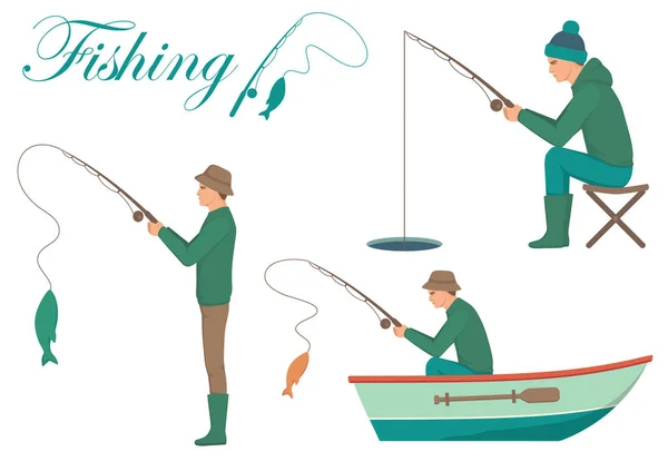Vektor Illustration Eines Karikaturfischers Mann Mit Fisch Auf Angelrute — Stockvektor