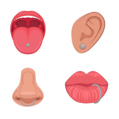 piercing studio simgesini, kulak, burun, dudaklar, dil vektör Illustration. vücut parçaları