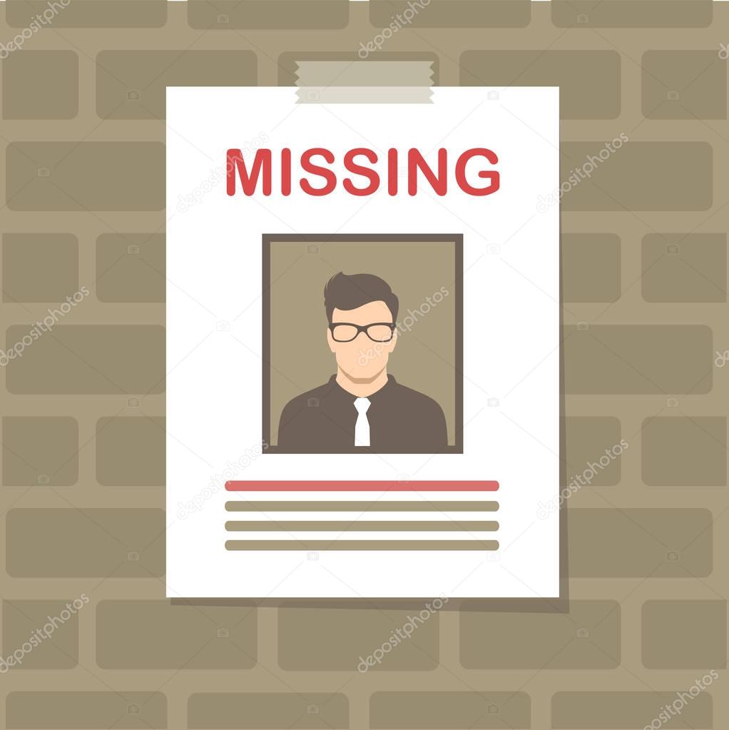  vector illustration of a  missing person, graphic wanted poster, lost anonymous man