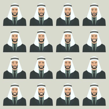  vektör çizim bir farklı Müslüman yüz ifadesi, çizgi film Arap karakteri, Suudi avatar ayarla bir Arapça yüz ifadeleri 