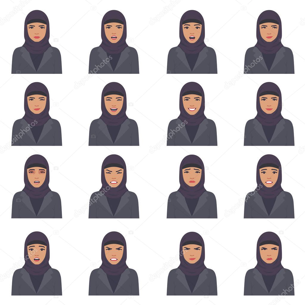  vector illustration of a arabic face expressions, set of a different muslim face expression, cartoon  arab character, saudi avatar 