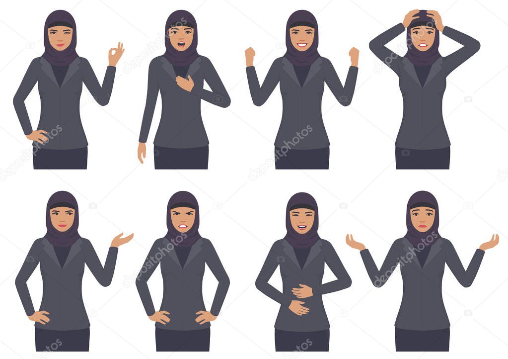  vector illustration of a arab woman character expressions with hands gesture, cartoon muslim businesswoman wit different emotion 