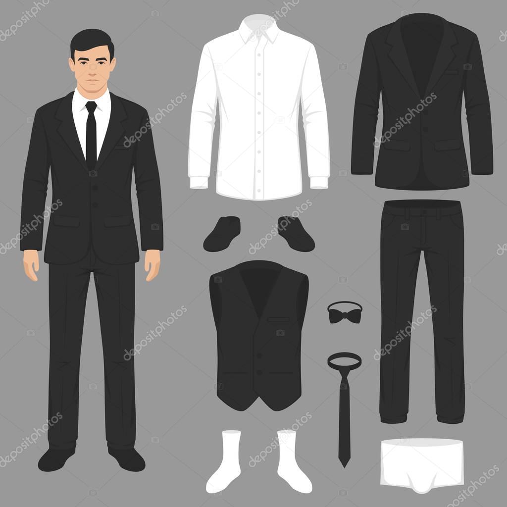  vector illustration of a men fashion, suit uniform, jacket, pants, shirt and shoes isolated