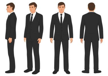  moda insan izole, ön, arka ve yan görünüm, vektör çizim, iş takım elbiseli adamı 