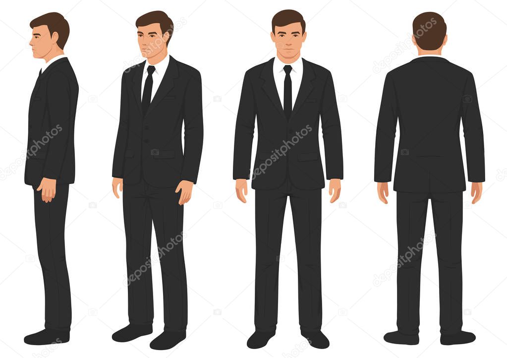  fashion man isolated, front, back and side view, vector illustration, businessman in suit 