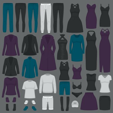 vektör çizim set kadın moda giyim, elbise, gömlek, Ayakkabı, kot pantolon, ceket koleksiyonu