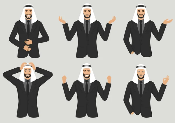 ベクトルの手ジェスチャーのアラブ人の文字式のイラスト 漫画のイスラム教徒の実業家ウィット異なる感情 — ストックベクタ