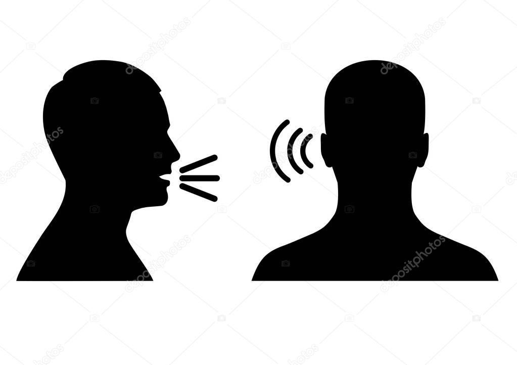 Vector illustration of a listen and speak icon, voice or sound symbol, man head profile and back