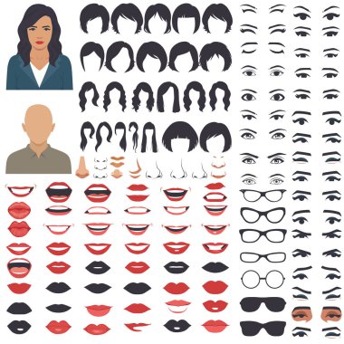  vector illustration of woman face parts, character head, eyes, mouth, lips, hair and eyebrow icon set clipart