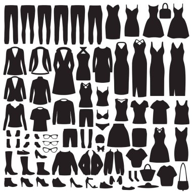 vektör çizim set kadın moda giysiler siluet, elbise, gömlek, Ayakkabı, kot pantolon, ceket koleksiyonu