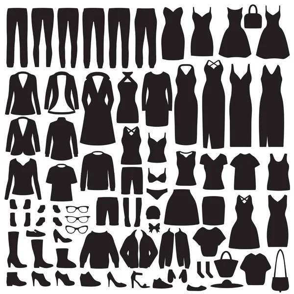 Vektor Illustration Von Set Frauen Mode Kleidung Silhouette Kleid Hemd — Stockvektor