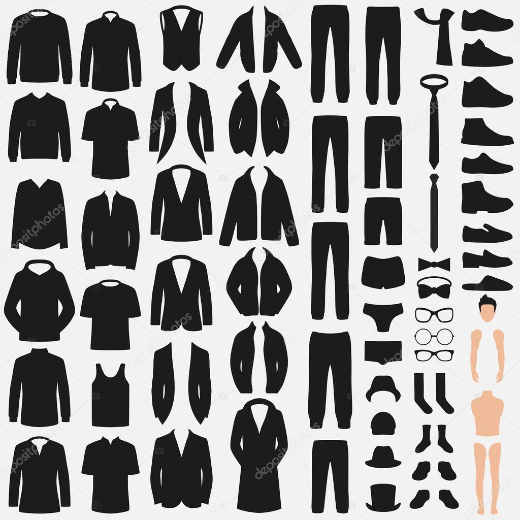 Set of man fashion. Clothes silhouette isolated on white. Vector clothing design. pants, suit, shirt and jacket