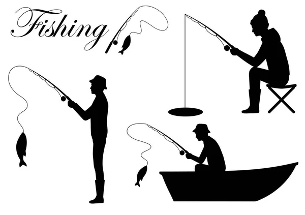 Ilustración Vectorial Icono Pescador Silueta Pez Gato Caña Pescar — Archivo Imágenes Vectoriales