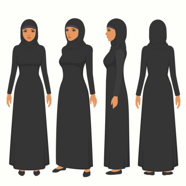 Müslüman kadının illüstrasyon, vektör Arap kız karakter, Suudi çizgi film erkek, ön, yan ve İslam kişinin arkadan görünüm
