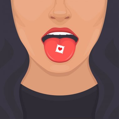 aşk bağımlılığı hap dil, seksi kadın dudaklar, açık ağız vektör çizim 