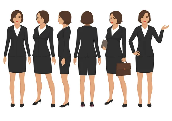 秘書の女性の漫画のキャラクター フロント 実業家の背面と側面のビューのベクトル イラスト — ストックベクタ