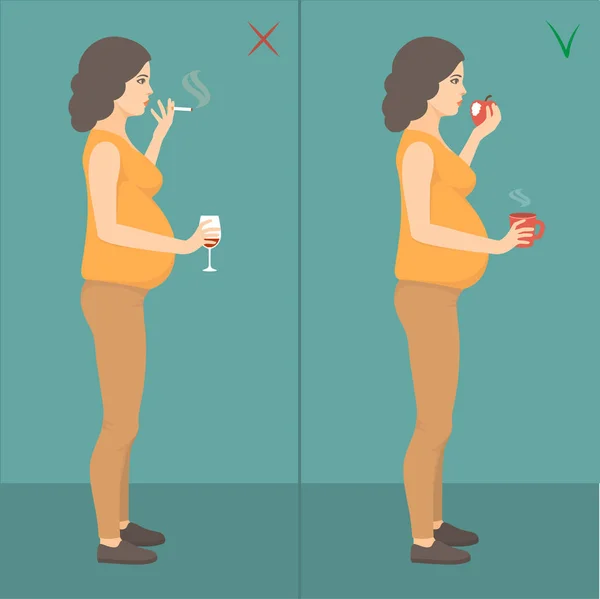 Ilustração Vetorial Mãe Mulher Prehnant Fumar Cigarro Beber Álcool Estilo — Vetor de Stock