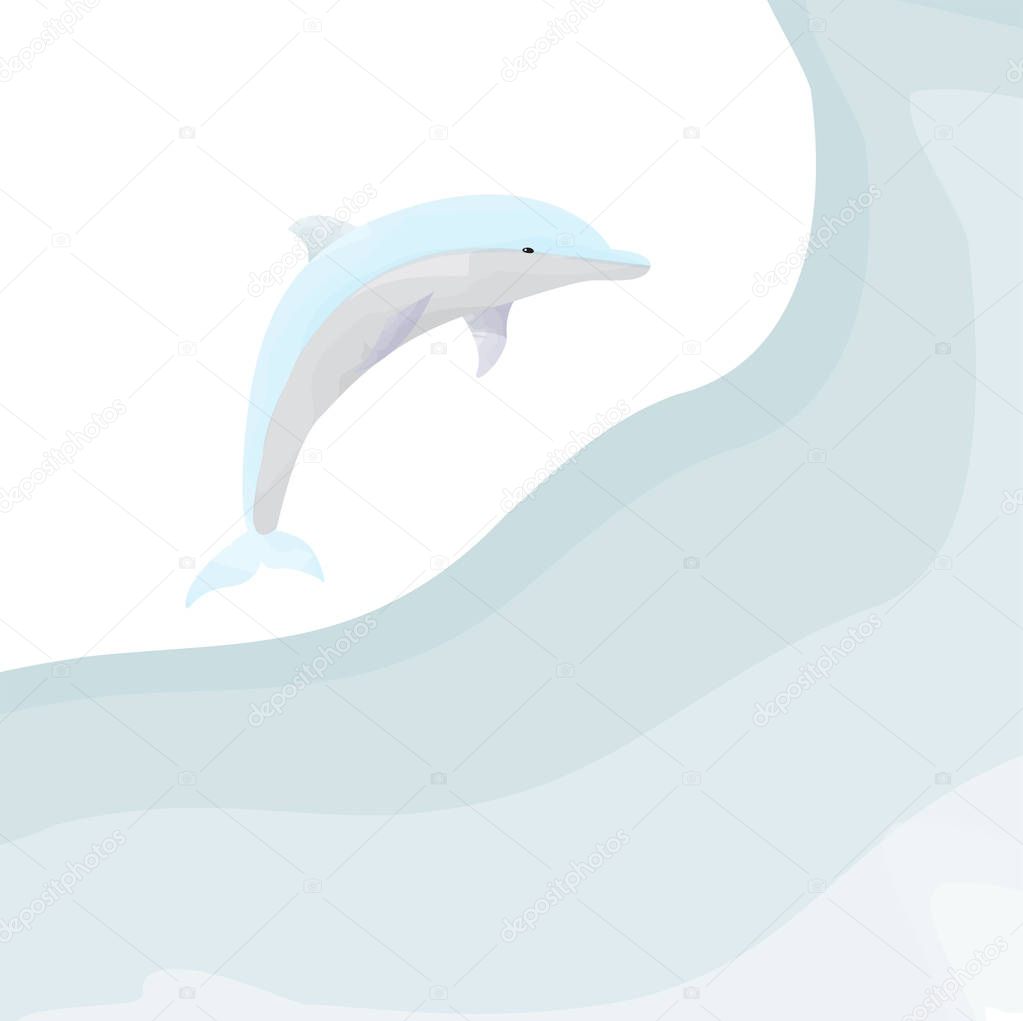 Vector illustration of watercolor dolphin jumps over the waves of ocean
