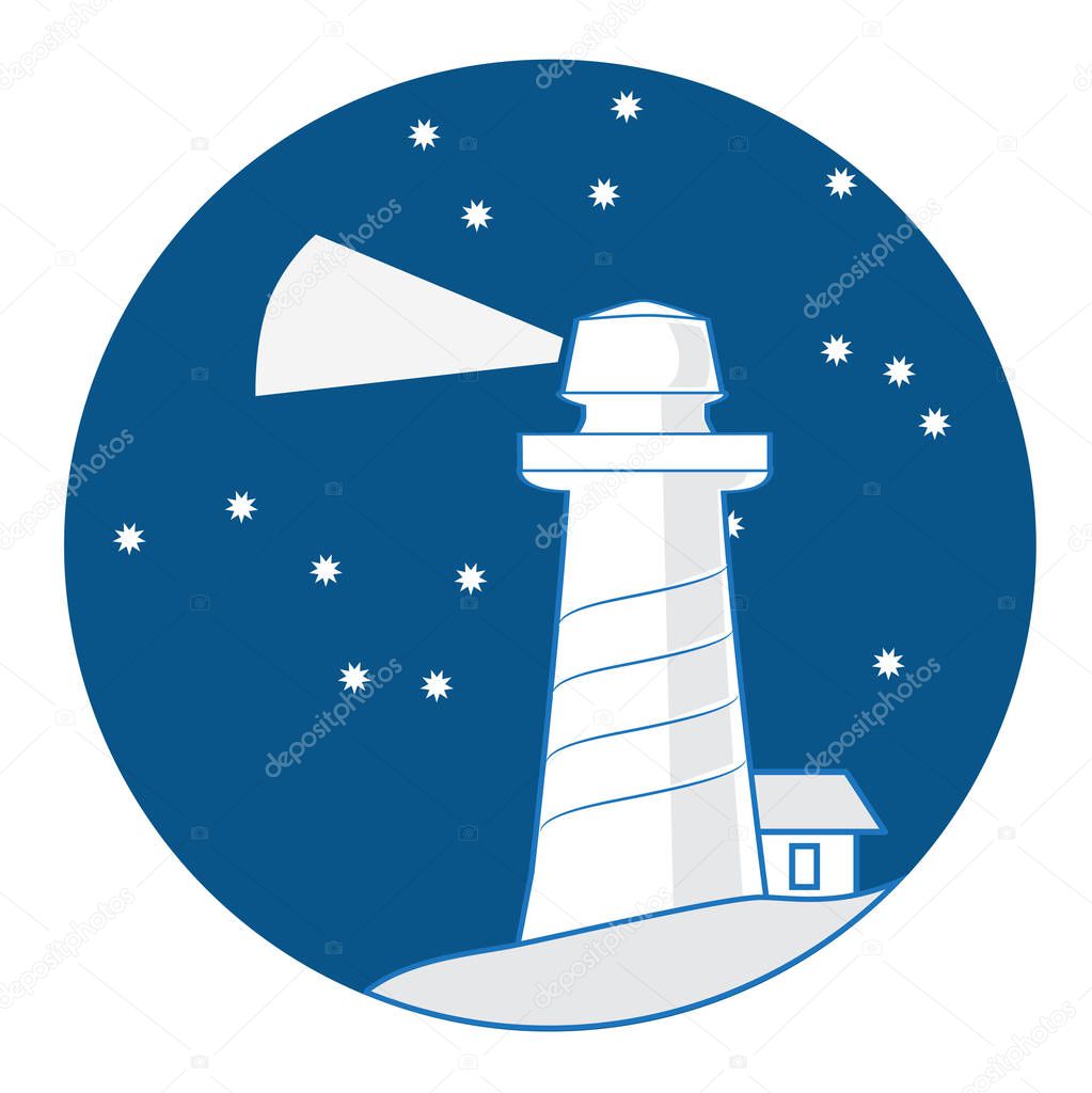 vector illustration of lighthouse closed in dark blue circle with stars