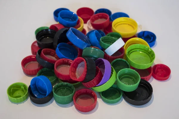 Tappi Bottiglia Plastica Colore Sfondo — Foto Stock