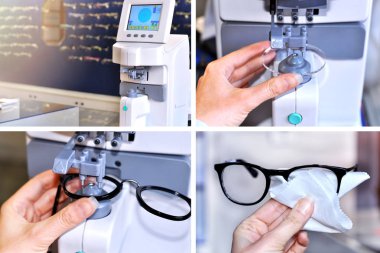 Kolaj resim üretim süreci gözlük. Sağlık bakım, tıp ve vizyon kavramı. Profesyonel göz hastalıkları Kliniği ofis ve optik bir alet. Ölçme ve gözlük hazırlanıyor gözlükçü 