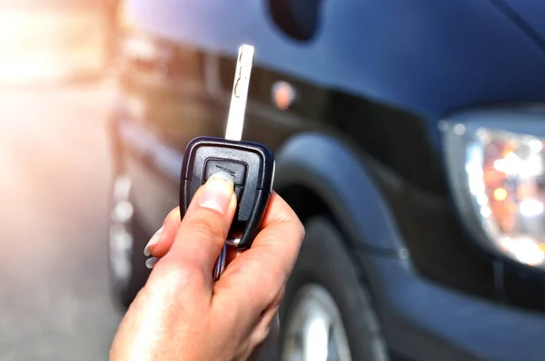 Hand Holding Button Remote Car Selective Focus Woman Hand Presses Stock Image