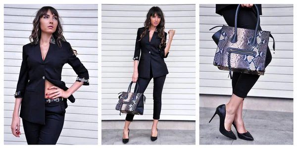 Femme Sophistiquée Mode Costume Noir Élégant Chaussures Talons Hauts Avec — Photo
