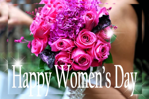 Young Beautiful Woman Holding Bouquet Roses March International Womens Day — Stock Photo, Image