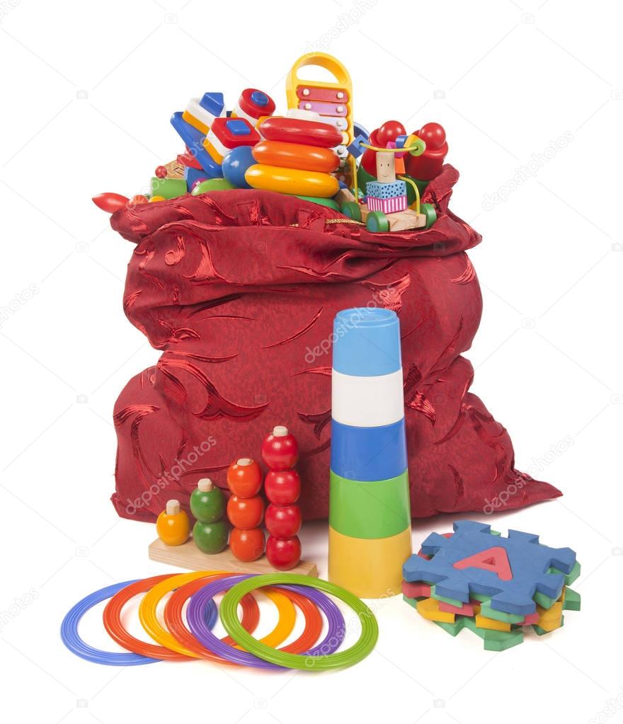 big red bag with many toys
