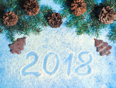 Noel mavi arka plan ile bir pinecones ve baharat