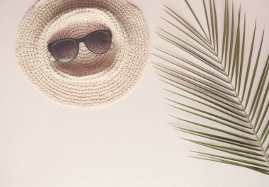Vanilya yaz aksesuarları tonunu stilize fotoğrafta. Şapka ve palmiye yaprağı. 