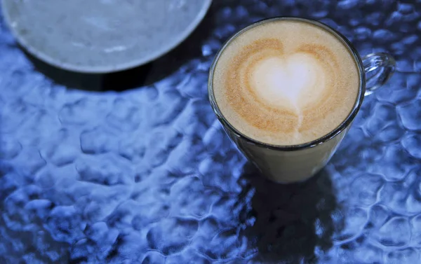 Coffee Latte Glass Table Photo Made Dark Key — Stock Photo, Image