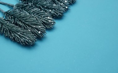 Mavi arka planda çam ağacının Noel dalları.